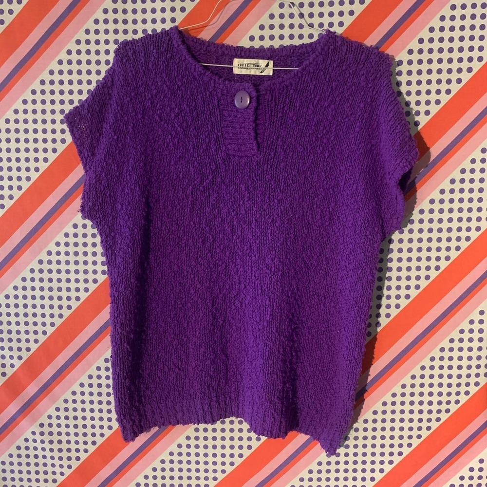 Collections Plus Purple Short Sleeve Button Up Knit Sweater Retro Vintage 1X